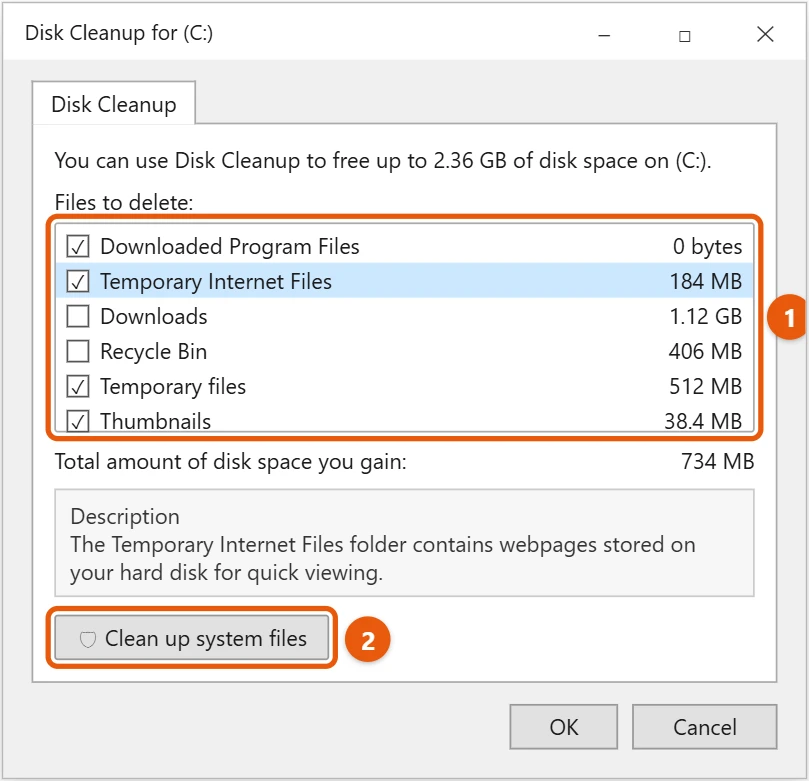 How to Run Disk Cleanup in Windows 10 1 Windows 10 Disk Cleanup for drive C with the Files to delete list and the Clean up system files button highlighted