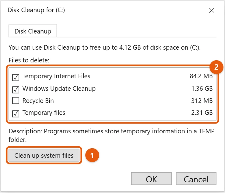 How to Delete Temporary Files in Windows 10 2 Windows 10 Disk Cleanup dialog with Temporary files checked and the Clean up system files button highlighted