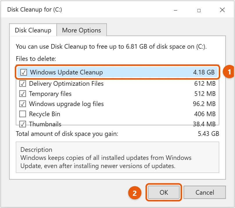 How to Run Disk Cleanup in Windows 10 2 Windows 10 Disk Cleanup system files list with Windows Update Cleanup checked and highlighted