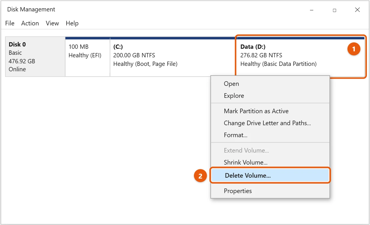 How to Merge Partitions in Windows 10 1 Windows 10 Disk Management with the D drive right-clicked and Delete Volume highlighted