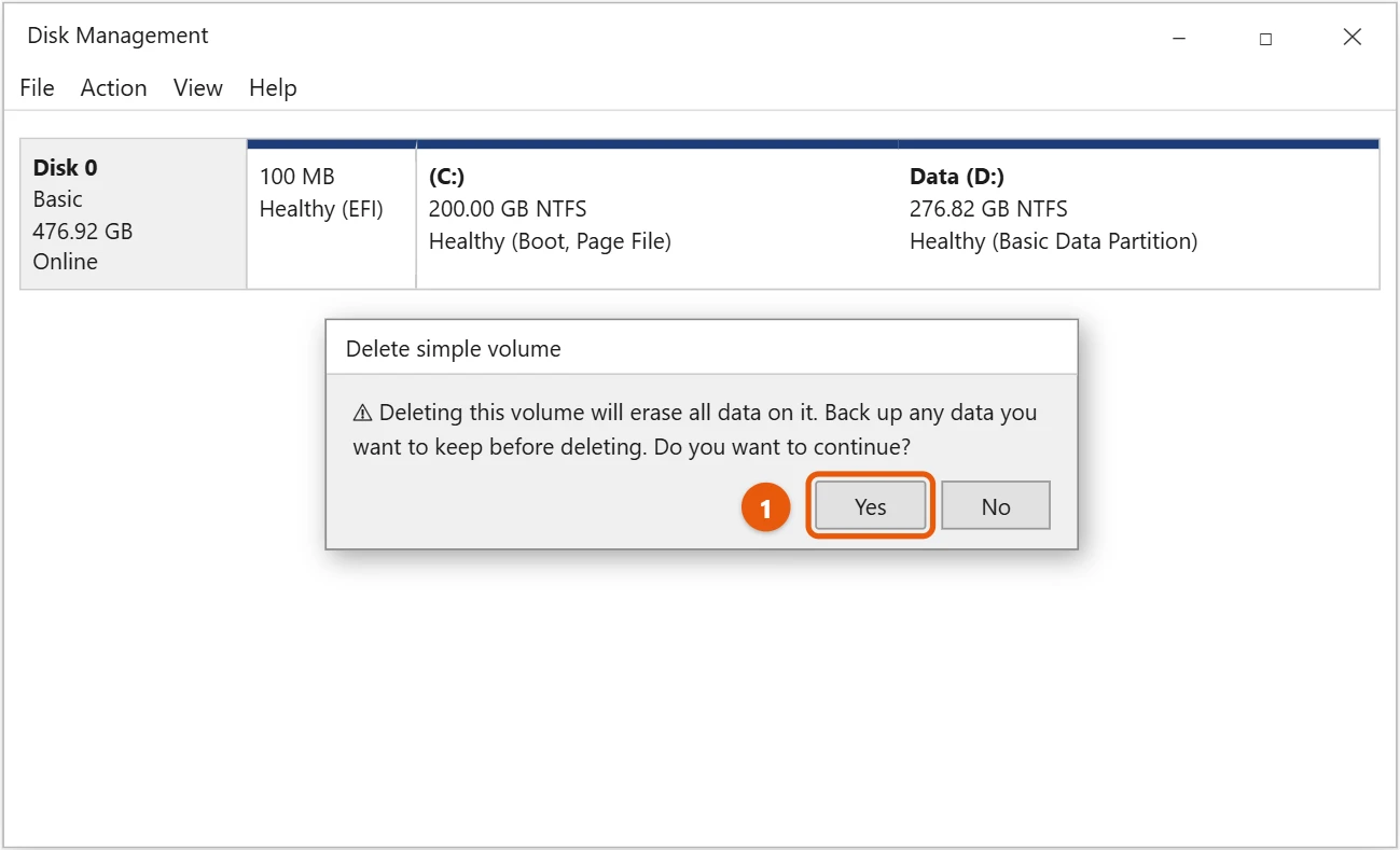 How to Merge Partitions in Windows 10 2 Windows 10 Disk Management Delete simple volume warning with the Yes button highlighted