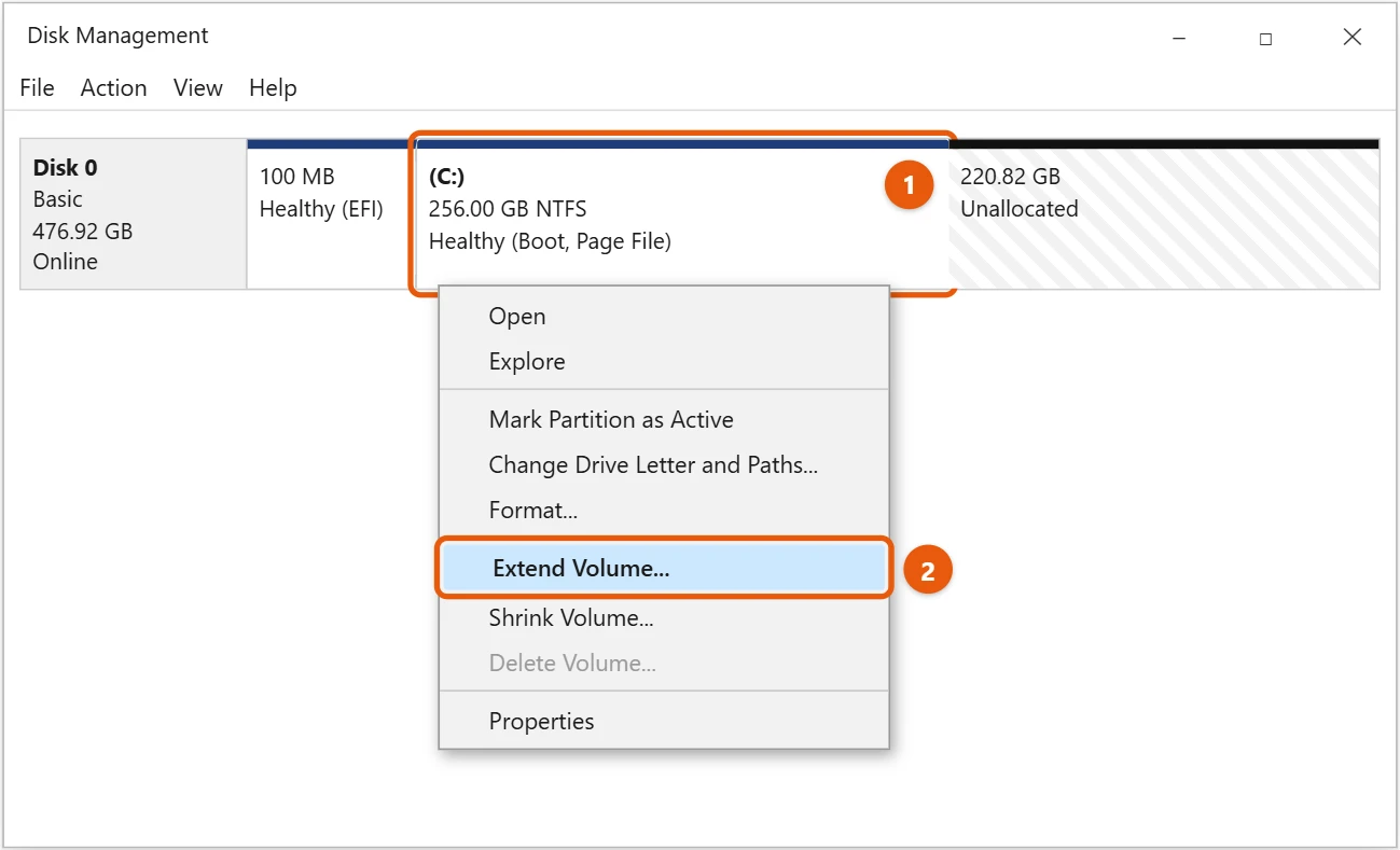 How to Extend the C Drive in Windows 10 1 Windows 10 Disk Management with the C drive right-clicked and Extend Volume highlighted, next to unallocated space