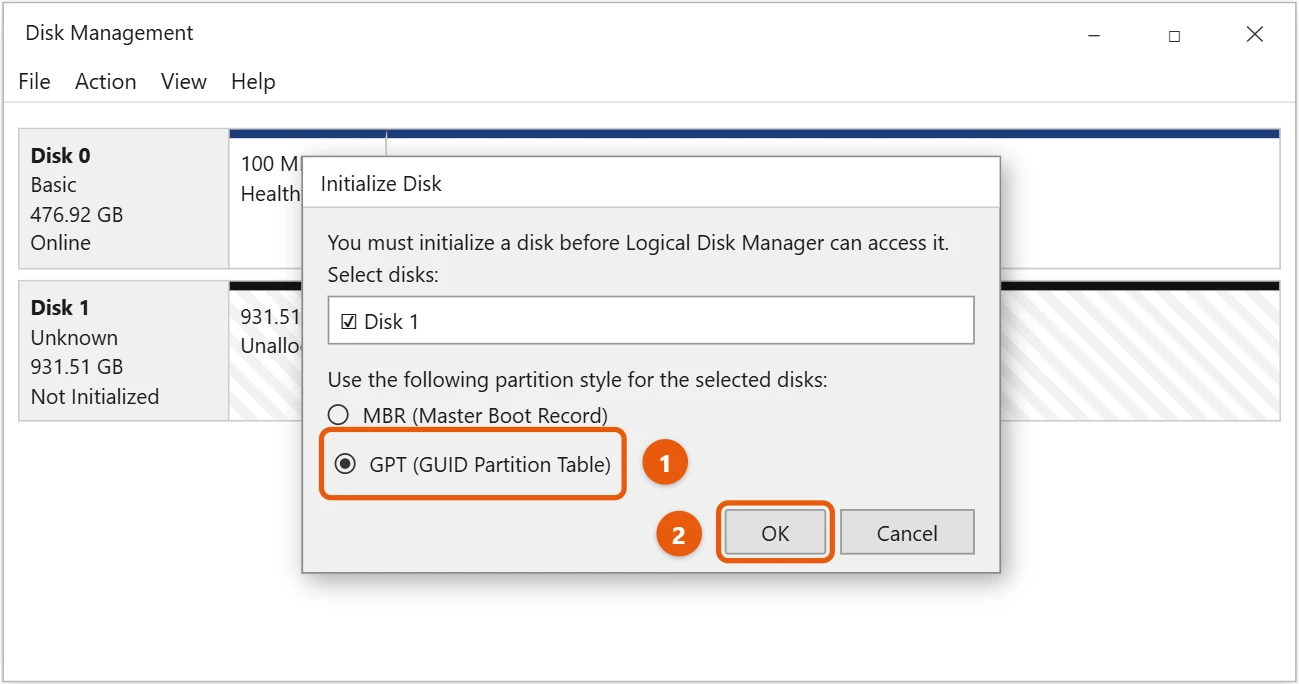 How to Set Up a New SSD in Windows 10 1 Windows 10 Disk Management Initialize Disk dialog with GPT selected and OK highlighted