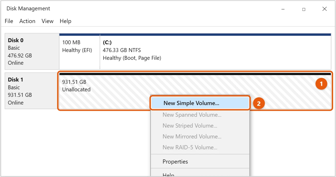 How to Set Up a New SSD in Windows 10 2 Windows 10 Disk Management with the unallocated space on Disk 1 right-clicked and New Simple Volume highlighted