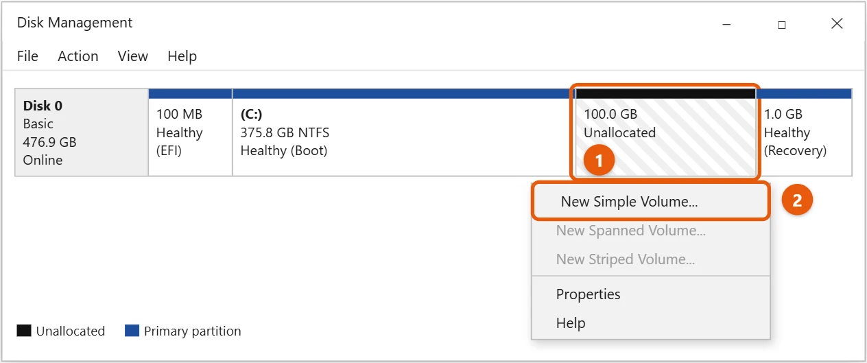 How to Partition a Hard Drive in Windows 10 2 Windows 10 Disk Management with unallocated space right-clicked and New Simple Volume highlighted