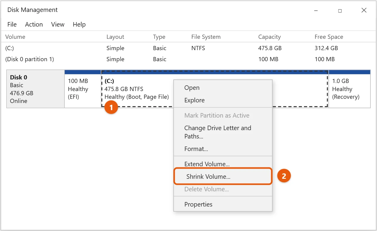 How to Partition a Hard Drive in Windows 10 1 Windows 10 Disk Management with the C drive right-clicked and Shrink Volume highlighted