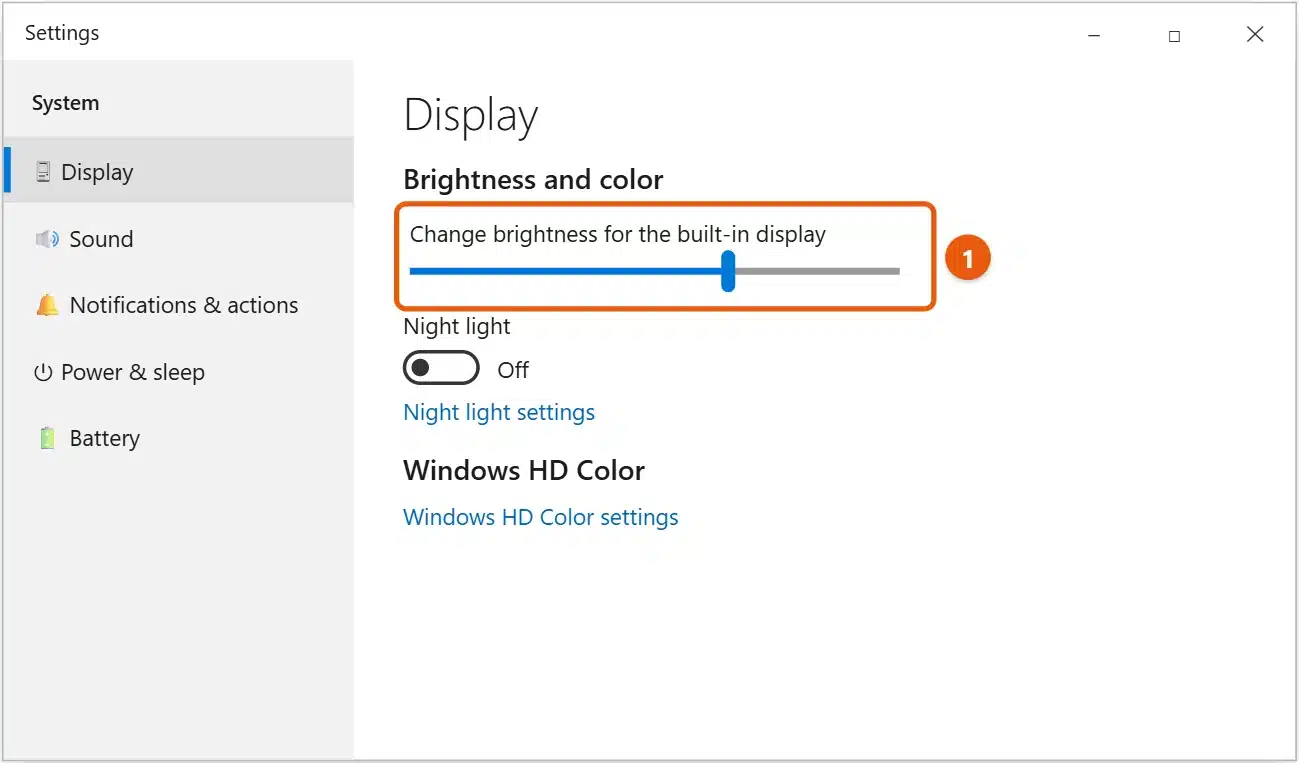 How to Change the Brightness in Windows 10 2 Windows 10 Settings Display page with the Change brightness for the built-in display slider highlighted