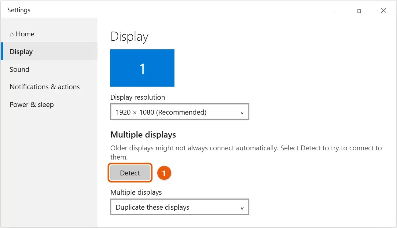 How to Connect a Laptop to a TV with HDMI in Windows 10 2 Windows 10 Display settings with the Multiple displays Detect button highlighted