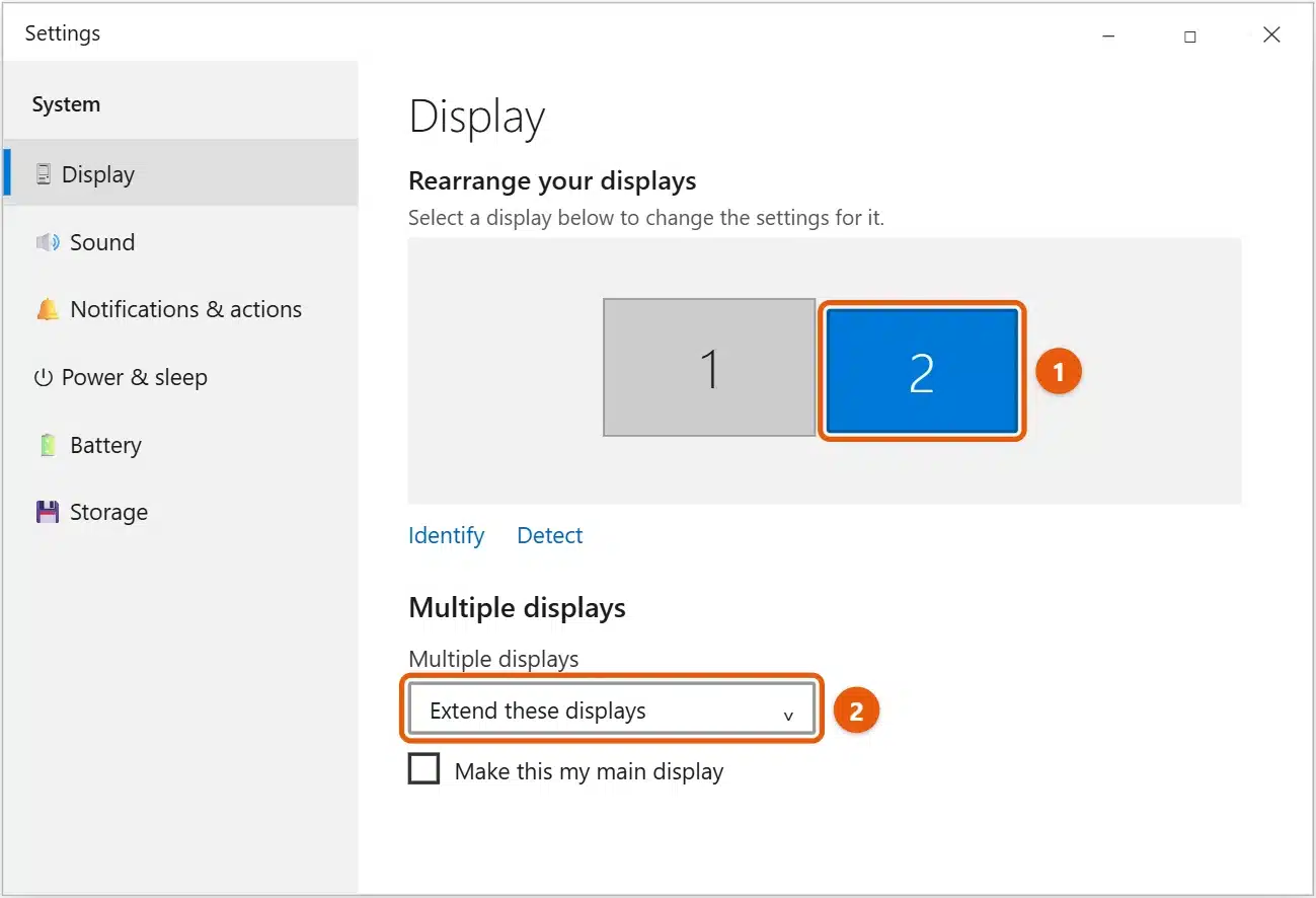 How to Set Up Dual Monitors in Windows 10 1 Windows 10 Settings Display page with display 2 selected and Extend these displays chosen under Multiple displays
