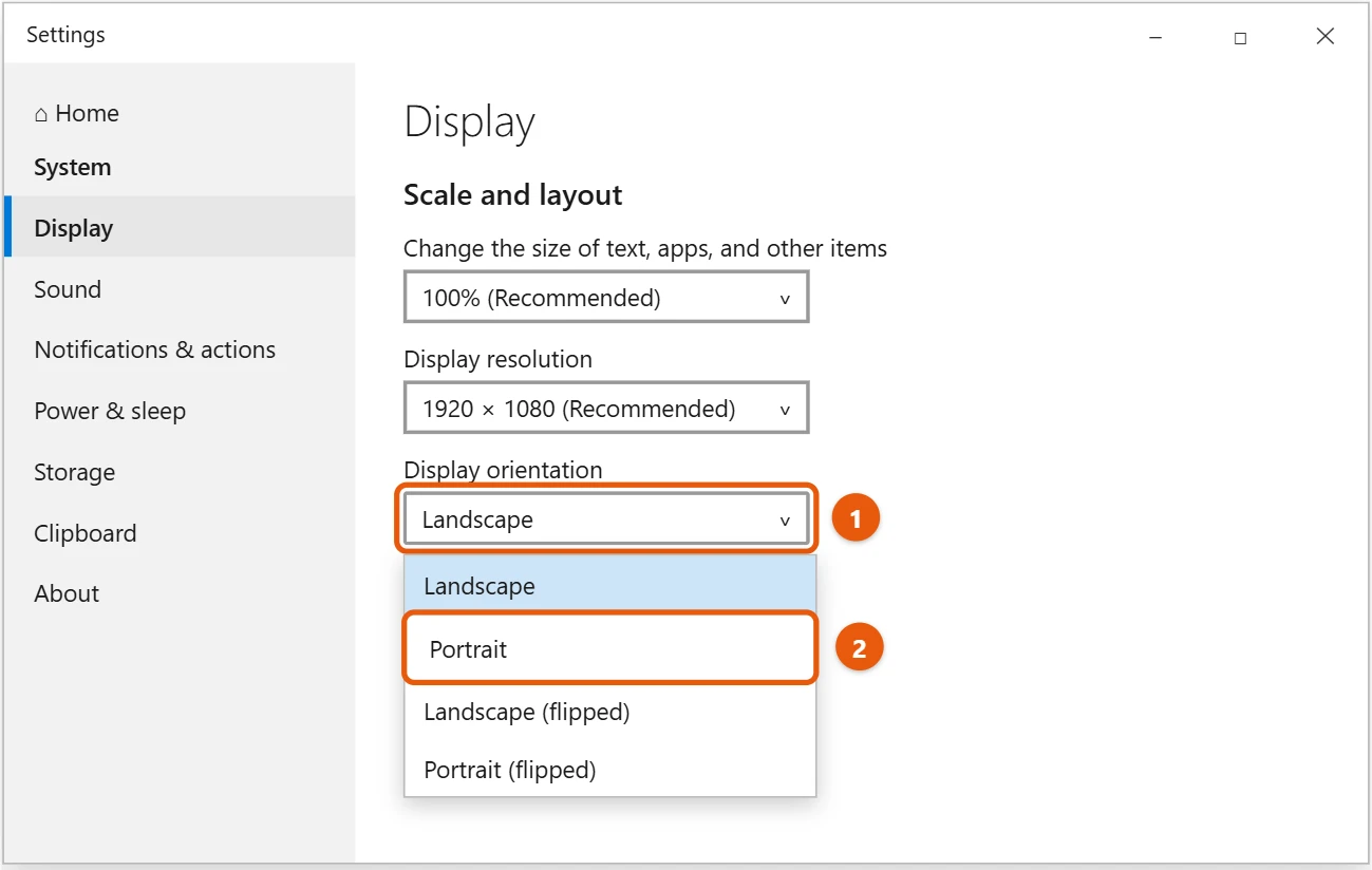 How to Rotate the Screen in Windows 10 1 Windows 10 Display settings with the Display orientation list open and Portrait highlighted