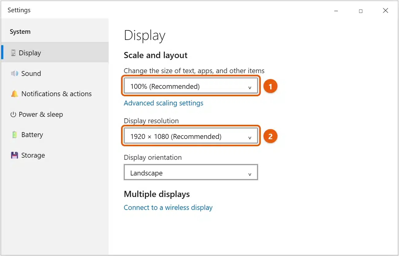 How to Reduce Screen Size in Windows 10 1 Windows 10 Settings Display page with scale set to 100% and the recommended display resolution selected