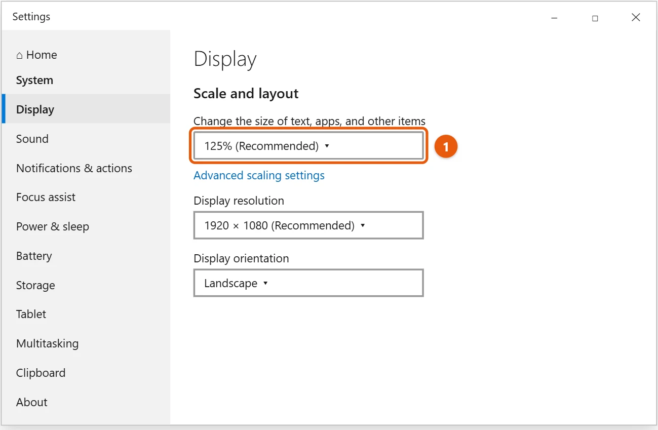 How to Increase the Font Size in Windows 10 2 Windows 10 Display settings with the Scale and layout size menu highlighted
