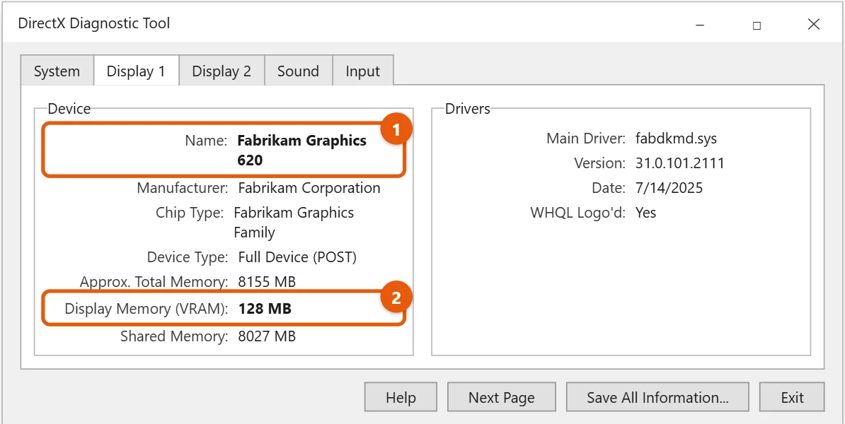 How to Check Your Graphics Card (GPU) in Windows 10 2 Windows 10 DirectX Diagnostic Tool Display tab with the graphics card name and display memory highlighted