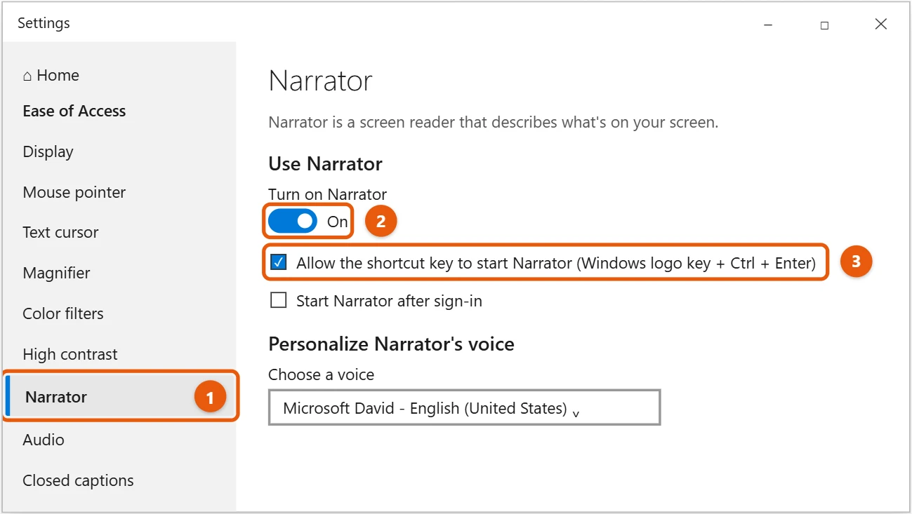 How to Turn On Text-to-Speech (Narrator) in Windows 10 1 Windows 10 Ease of Access Narrator settings with Turn on Narrator and the shortcut key option highlighted