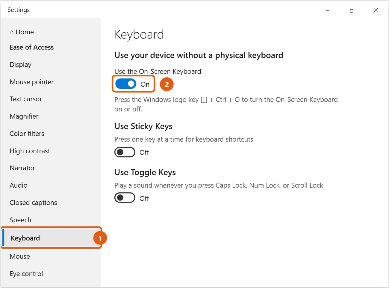 How to Open the On-Screen Keyboard in Windows 10 1 Windows 10 Settings Ease of Access Keyboard page with Use the On-Screen Keyboard turned on