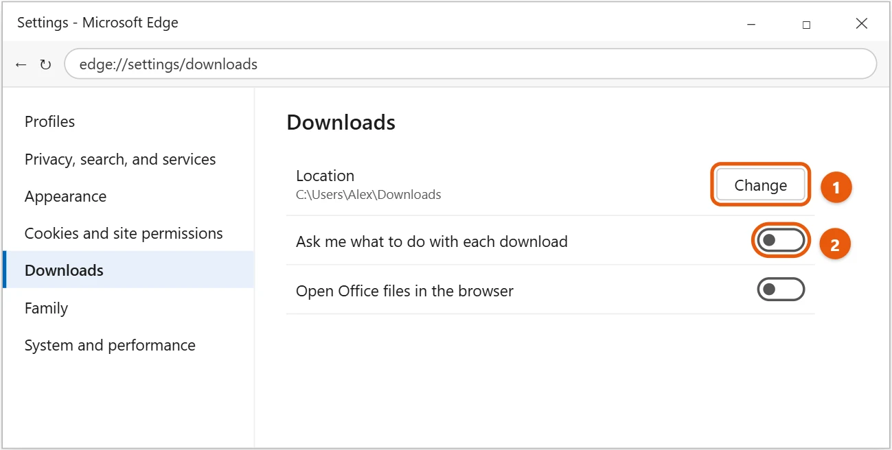 How to Find Downloads on Windows 10 2 Microsoft Edge Downloads settings with Change and Ask me what to do with each download highlighted