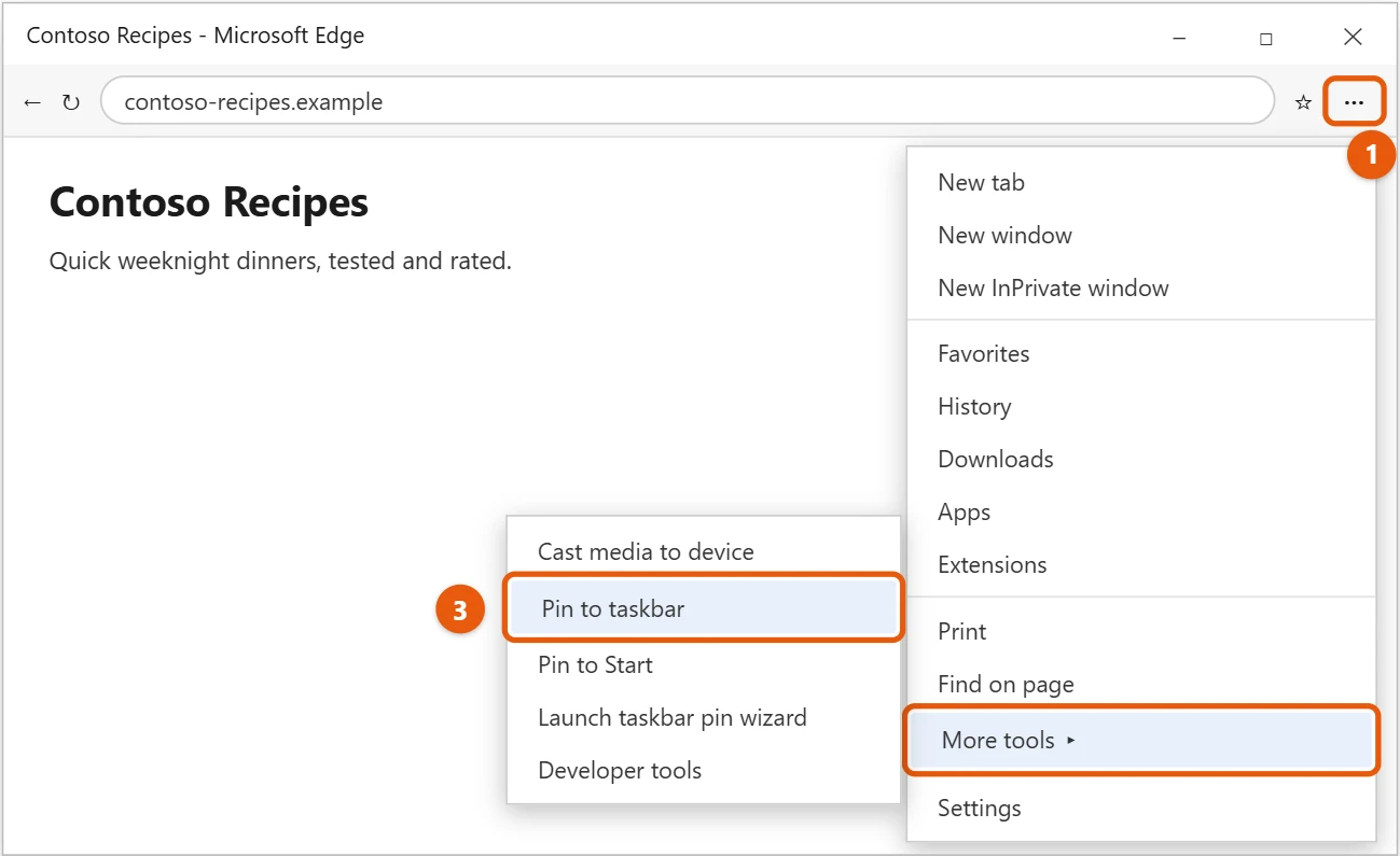 How to Pin a Website to the Taskbar in Windows 10 1 Microsoft Edge Settings and more menu with More tools and Pin to taskbar highlighted