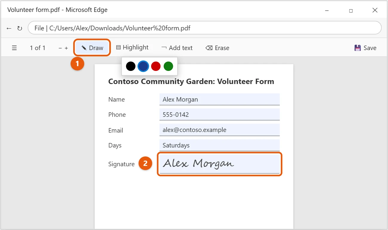 How to Type on a PDF in Windows 10 (Fill and Sign) 2 Microsoft Edge PDF with Draw selected and a signature drawn on the signature line