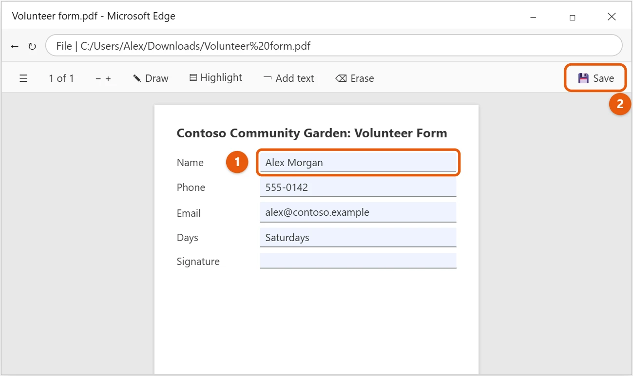 How to Type on a PDF in Windows 10 (Fill and Sign) 1 Microsoft Edge PDF form with a filled-in name field and the Save button highlighted