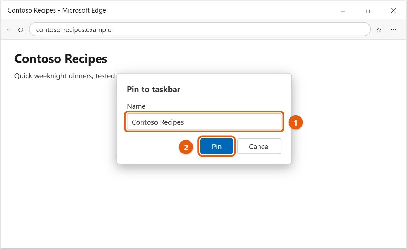How to Pin a Website to the Taskbar in Windows 10 2 Microsoft Edge Pin to taskbar box with the name and Pin button highlighted