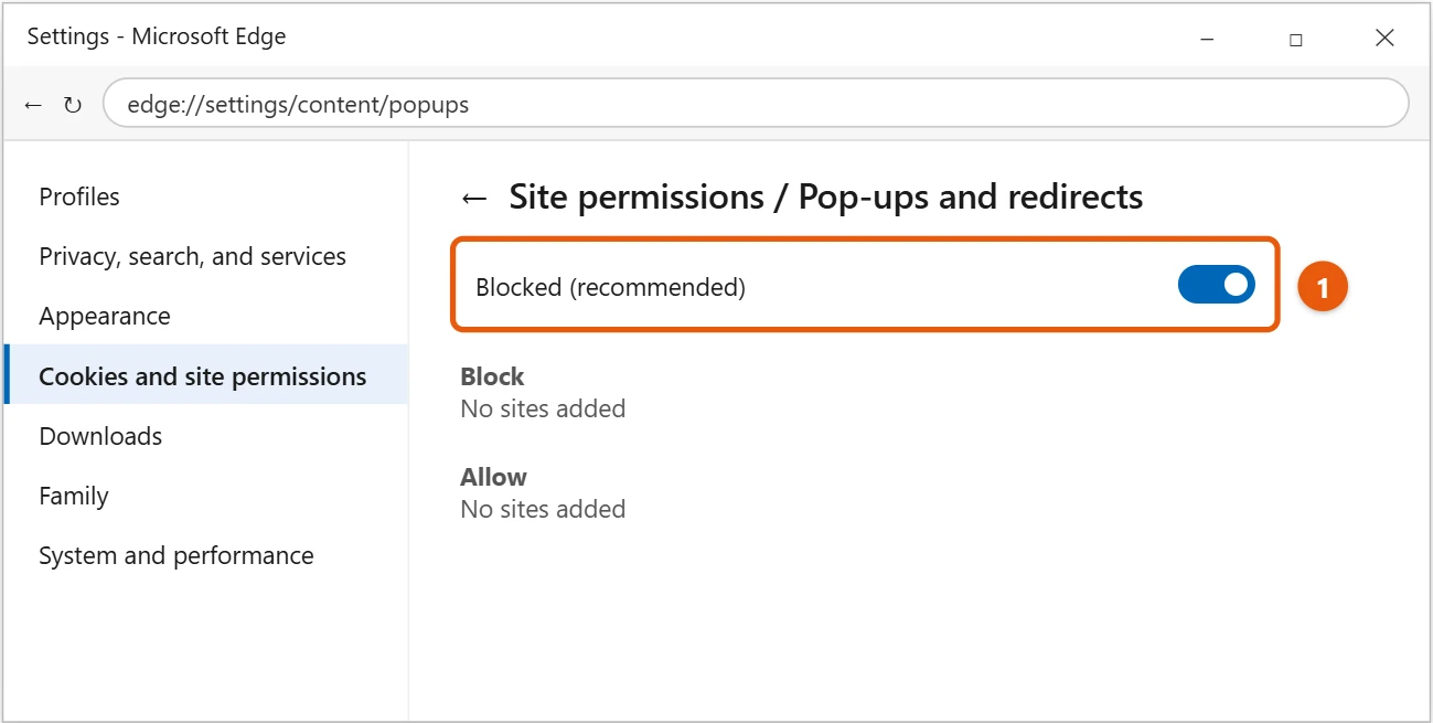 How to Stop Pop-Ups on Windows 10 2 Microsoft Edge Pop-ups and redirects settings with Blocked (recommended) turned on