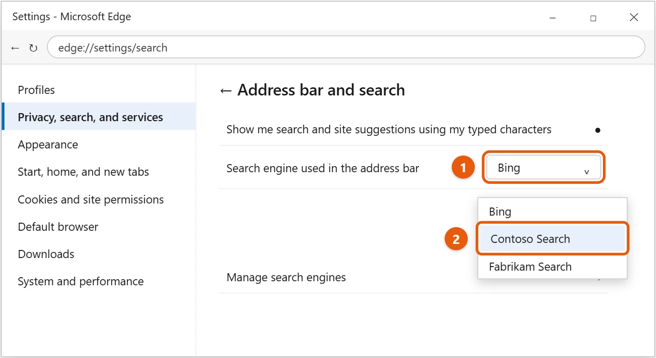 How to Change the Default Search Engine in Windows 10 2 Microsoft Edge Address bar and search settings with the search engine menu open and a fictional search engine selected