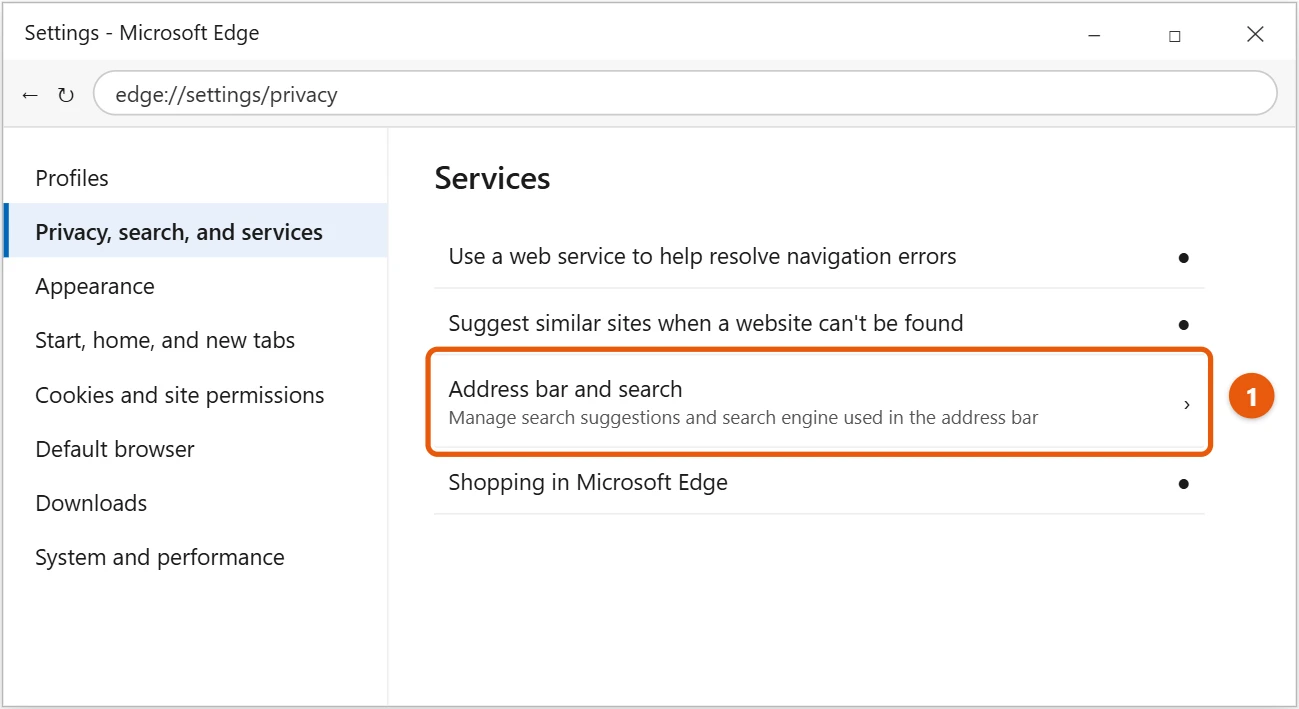 How to Change the Default Search Engine in Windows 10 1 Microsoft Edge Privacy, search, and services settings with Address bar and search highlighted
