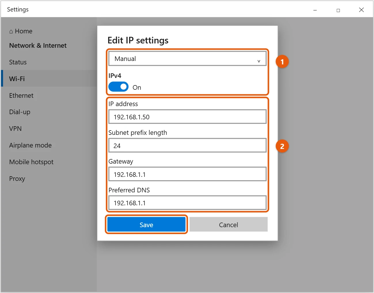 How to Change Your IP Address in Windows 10 1 Windows 10 Edit IP settings dialog set to Manual with IPv4 on and the IP address fields and Save button highlighted