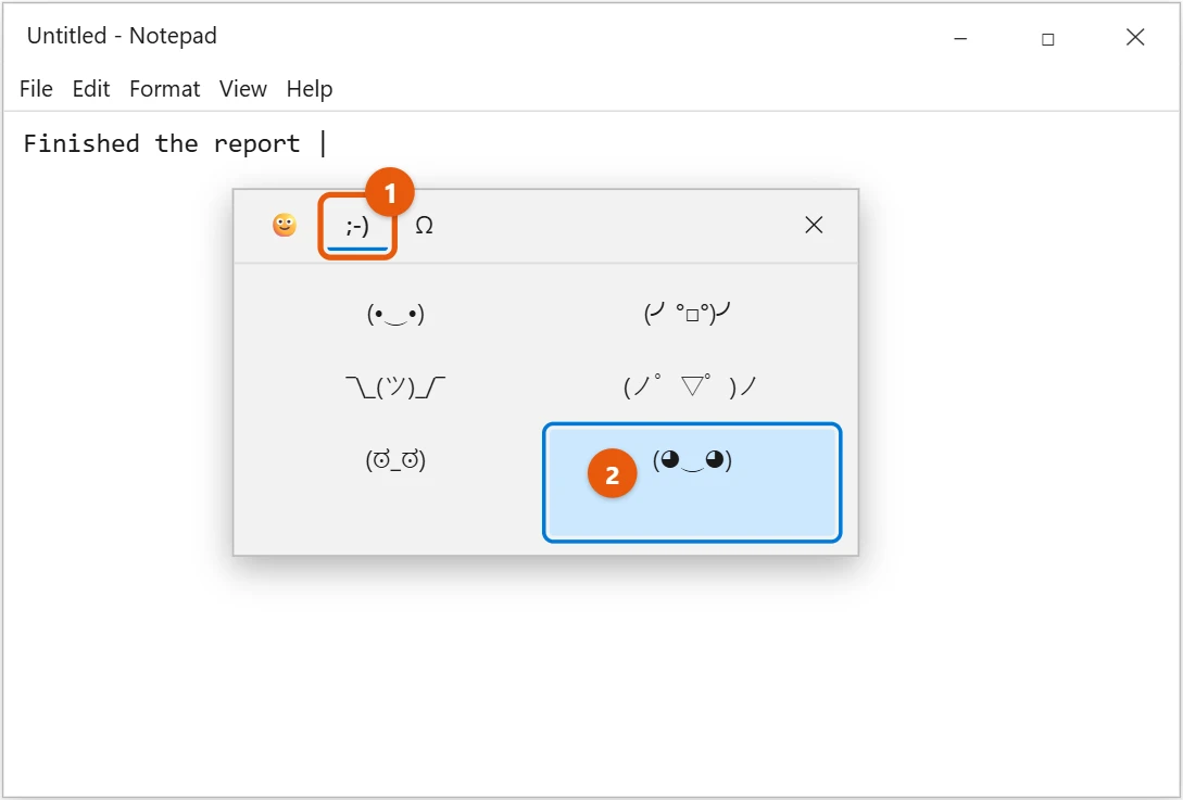 How to Use Emojis on Windows 10 (Emoji Keyboard) 2 Windows 10 emoji panel kaomoji tab with a text face highlighted