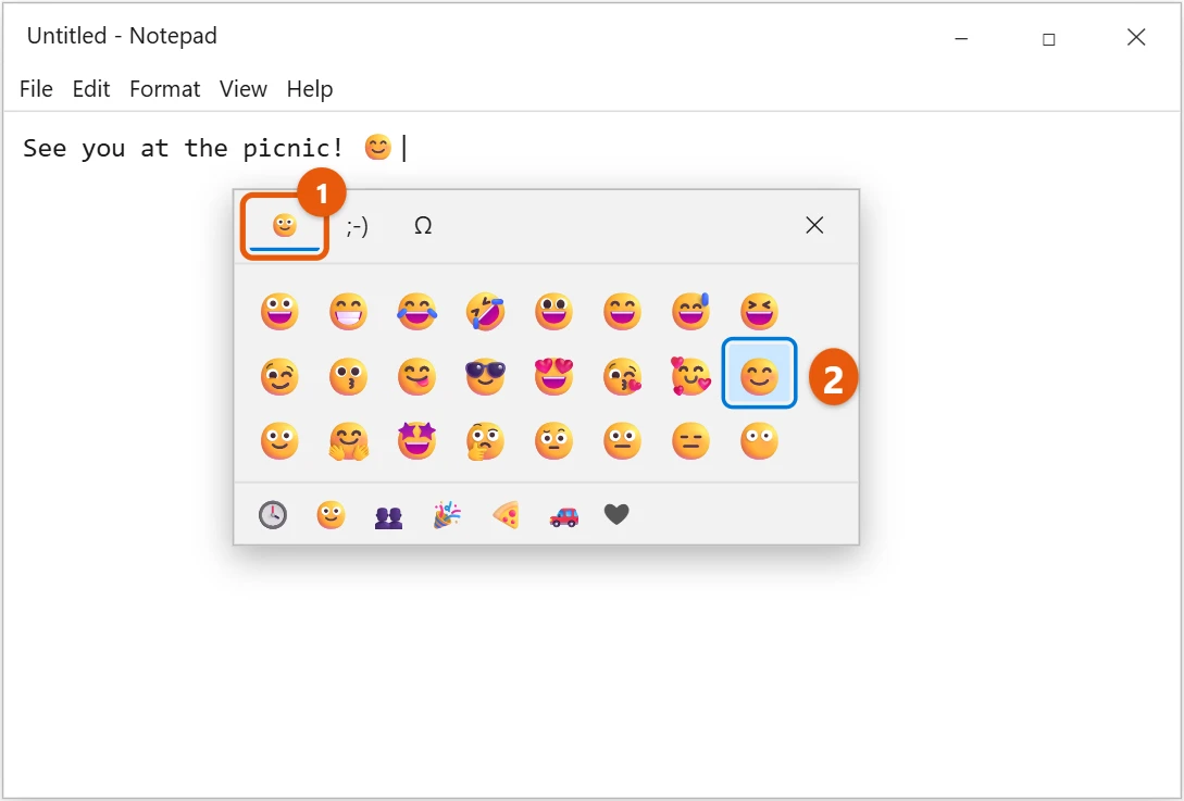 How to Use Emojis on Windows 10 (Emoji Keyboard) 1 Windows 10 emoji panel open in Notepad with the emoji tab and one emoji highlighted