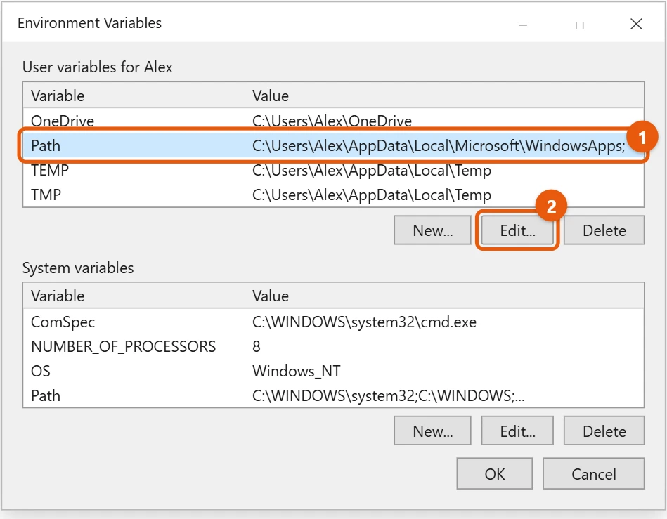 How to Set Environment Variables in Windows 10 2 Windows 10 Environment Variables window with the user Path variable selected and the Edit button highlighted