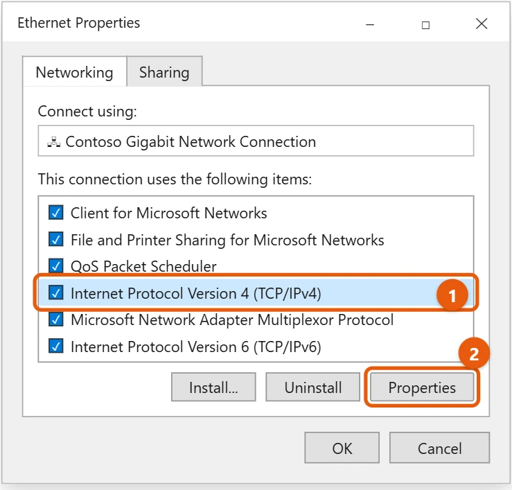 How to Change DNS in Windows 10 1 Windows 10 Ethernet Properties with Internet Protocol Version 4 selected and the Properties button highlighted