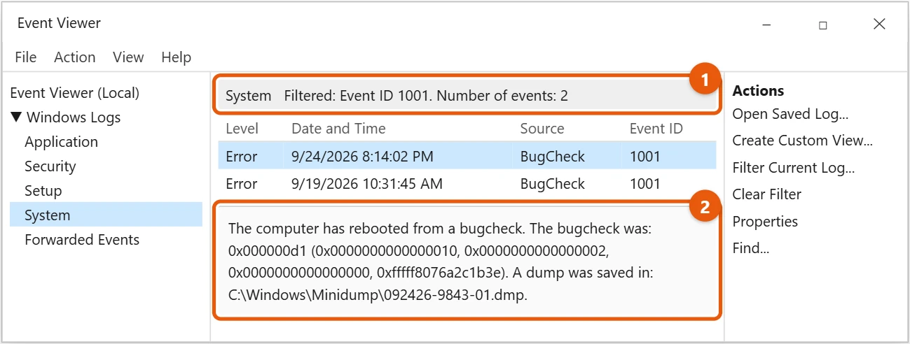 How to Fix a Blue Screen Error in Windows 10 2 Windows 10 Event Viewer System log filtered to event 1001 with a BugCheck entry and its stop code highlighted