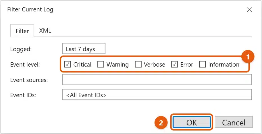 How to Check Event Logs in Windows 10 2 Windows 10 Filter Current Log dialog with Critical and Error checked and the OK button highlighted