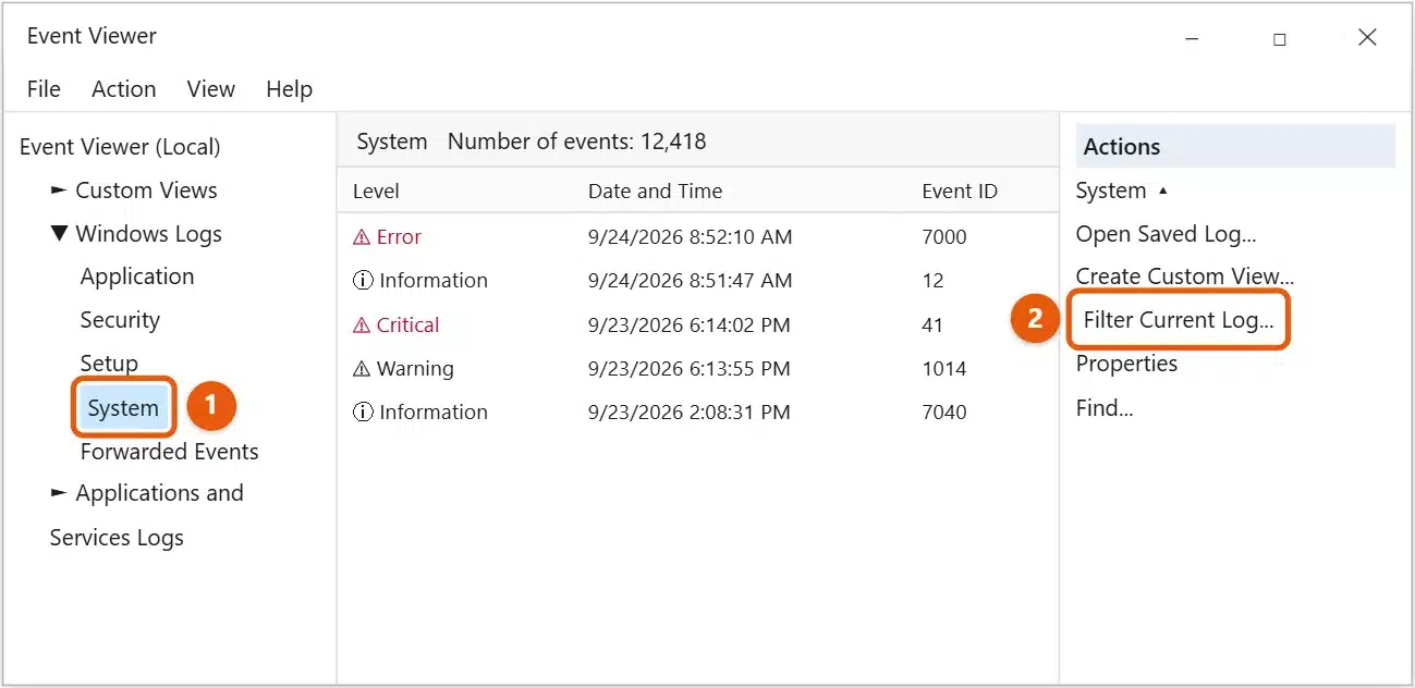 How to Check Event Logs in Windows 10 1 Windows 10 Event Viewer with Windows Logs System selected and Filter Current Log highlighted in the Actions pane
