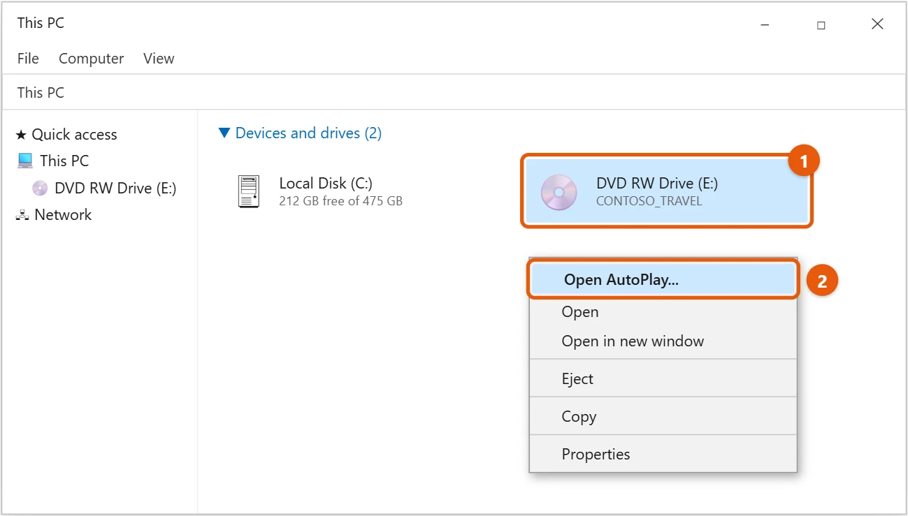 How to Play DVDs on Windows 10 1 Windows 10 File Explorer This PC with the DVD drive selected and Open AutoPlay highlighted
