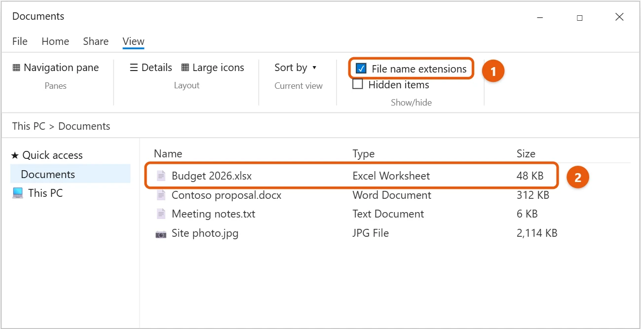 How to Show File Extensions in Windows 10 1 Windows 10 File Explorer View tab with File name extensions checked and a file showing its extension highlighted