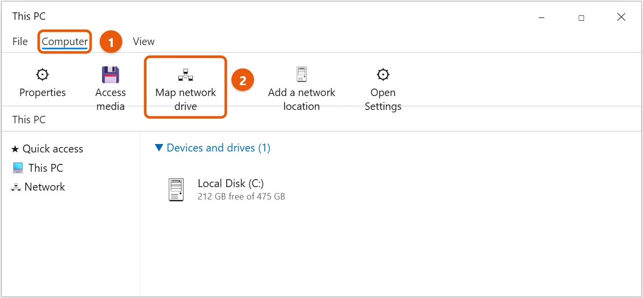 How to Map a Network Drive in Windows 10 1 Windows 10 File Explorer This PC with the Computer tab and Map network drive highlighted