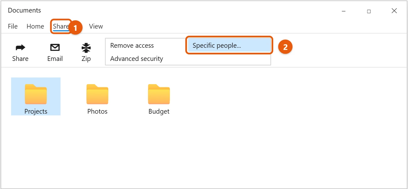 How to Share Folders in Windows 10 1 Windows 10 File Explorer Share tab with Specific people highlighted