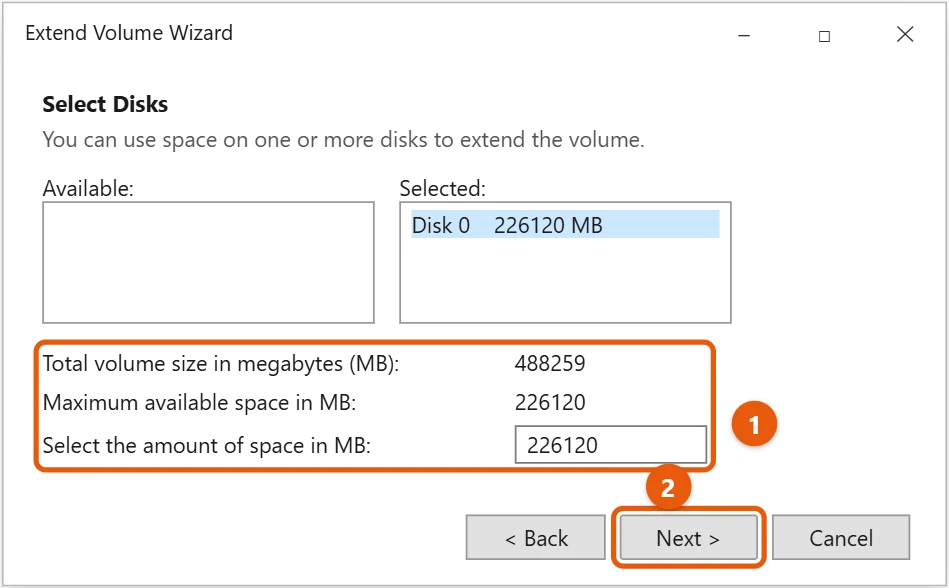 How to Extend the C Drive in Windows 10 2 Windows 10 Extend Volume Wizard with the amount of space to add and the Next button highlighted