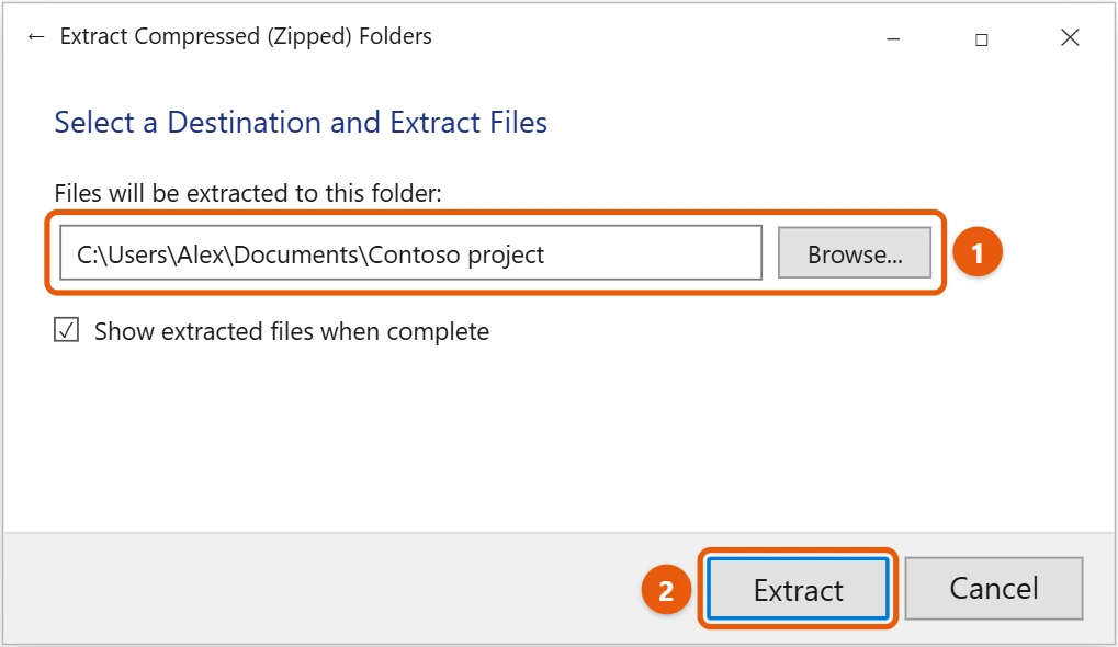 How to Zip and Unzip Files in Windows 10 2 Windows 10 Extract Compressed Zipped Folders window with the destination folder and Extract button highlighted