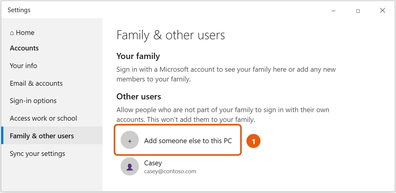 How to Add a User in Windows 10 1 Windows 10 Family and other users settings with Add someone else to this PC highlighted