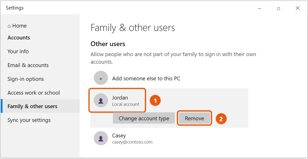 How to Remove a User Account in Windows 10 1 Windows 10 Settings Family and other users page with a user account selected and the Remove button highlighted