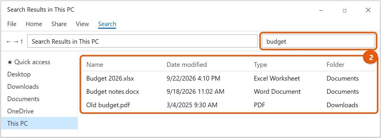 How to Search for Files in Windows 10 1 Windows 10 File Explorer searching This PC with the search box and matching files highlighted