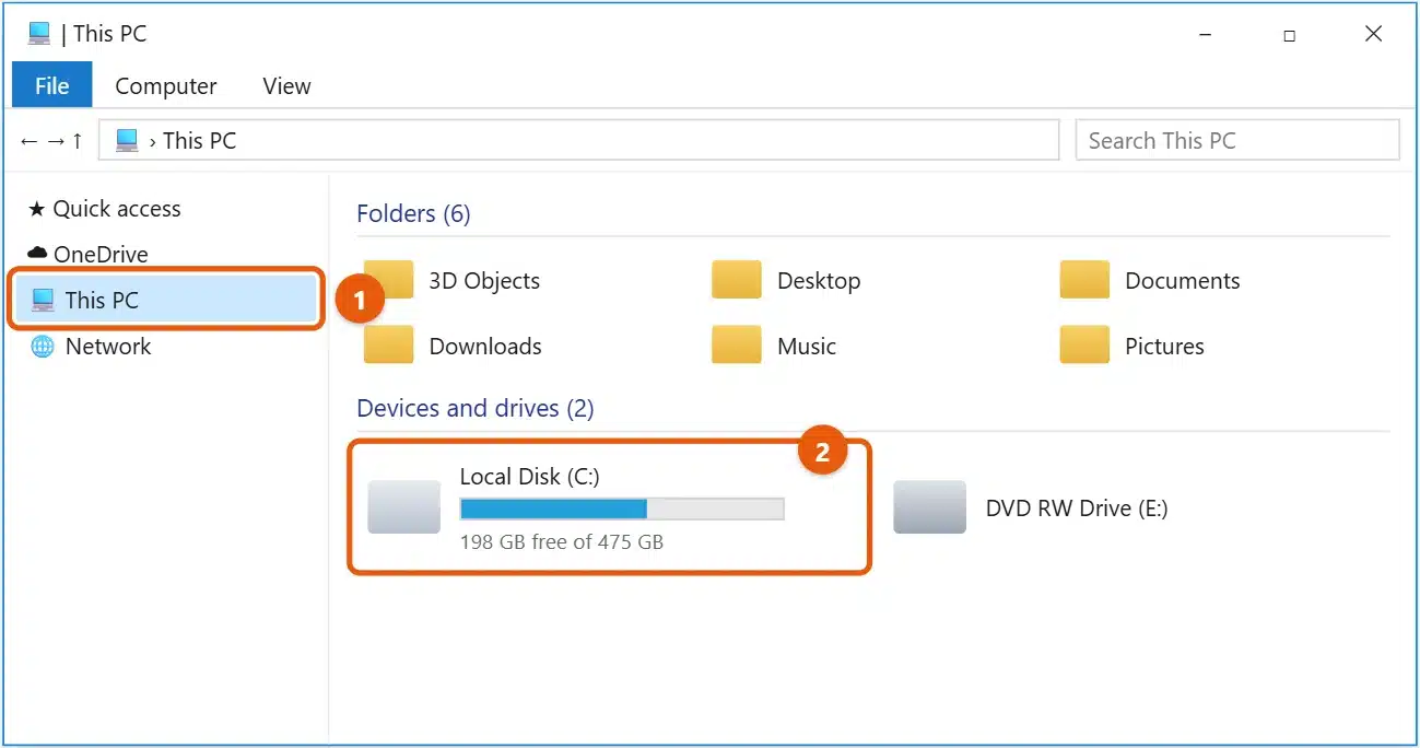 How to Access the C Drive in Windows 10 1 Windows 10 File Explorer showing This PC with Local Disk (C:) highlighted under Devices and drives