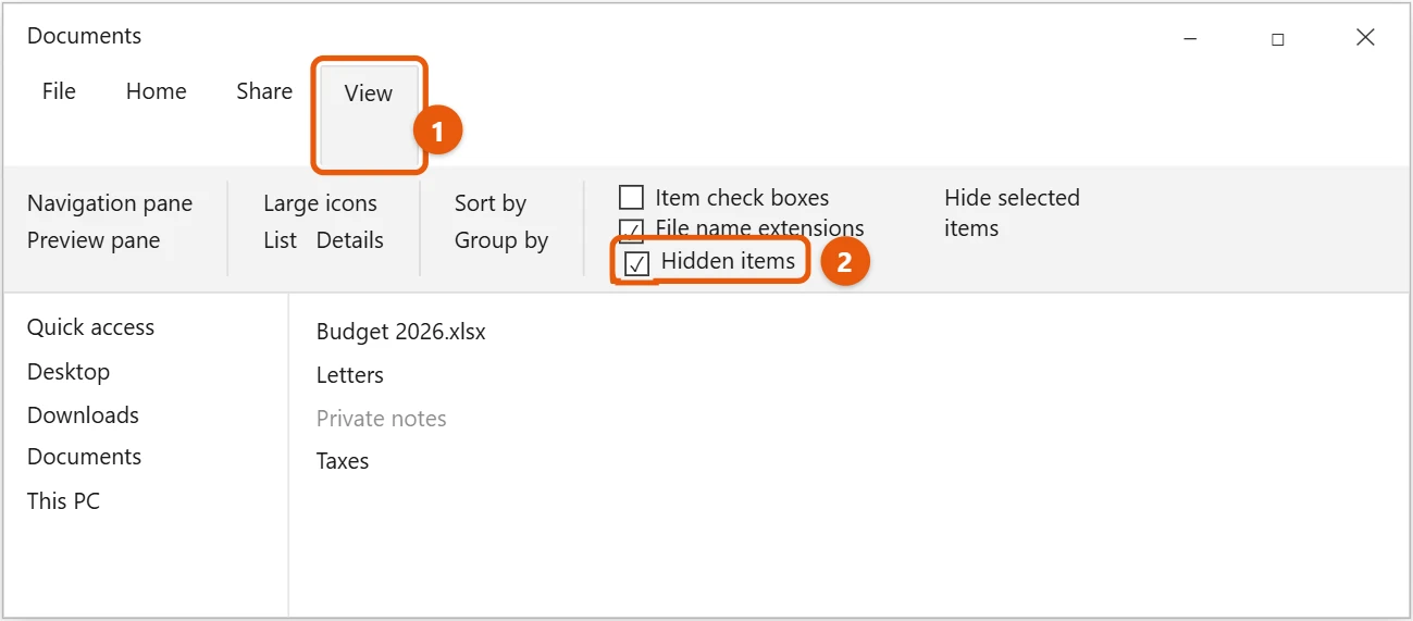 How to Hide and Show Hidden Files and Folders in Windows 10 1 Windows 10 File Explorer View tab with the Hidden items check box highlighted