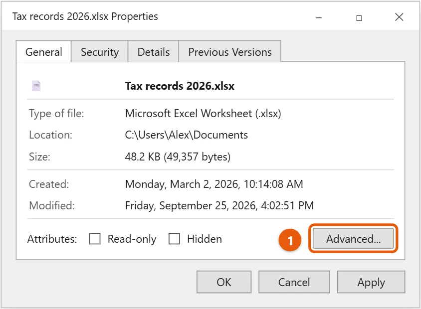 How to Encrypt a File or Folder in Windows 10 1 Windows 10 file Properties General tab with the Advanced button highlighted