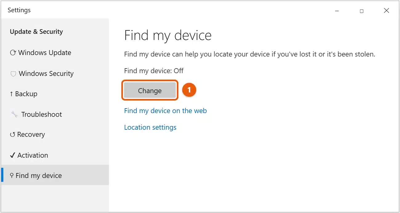 How to Find My Computer on Windows 10 2 Windows 10 Settings Update and Security Find my device page showing Find my device Off with the Change button highlighted