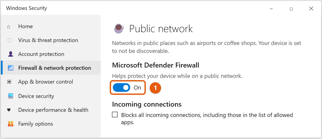 How to Turn Off the Firewall in Windows 10 2 Windows 10 Windows Security Public network page with the Microsoft Defender Firewall switch highlighted