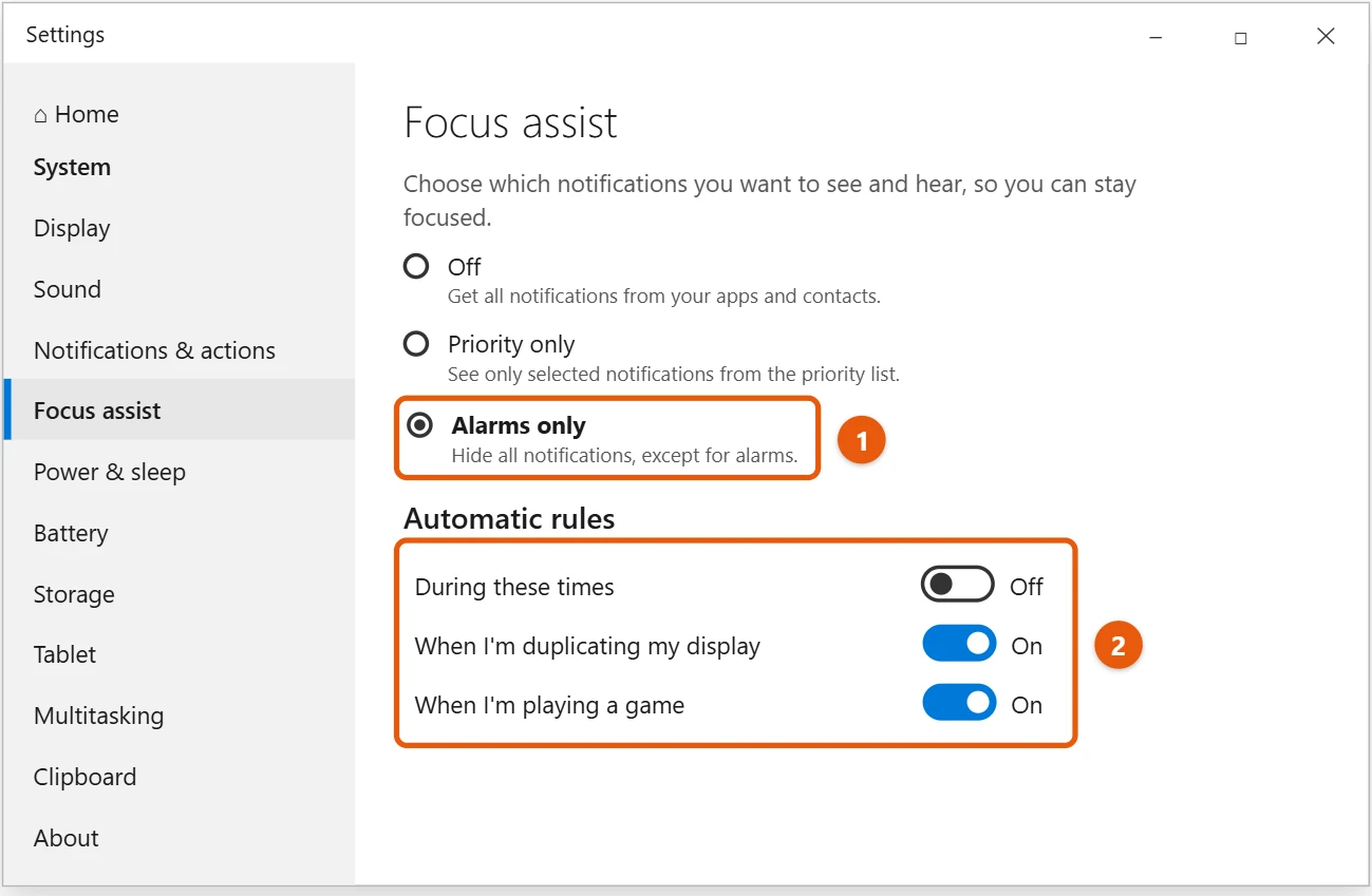 How to Turn Off Notifications in Windows 10 2 Windows 10 Settings Focus assist page with Alarms only selected and automatic rules highlighted